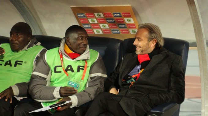 Sebastien and his assistants Andy Lule and Fred Kajoba during Uganda game against Zambia