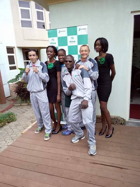 Shaky Mubiru together with his coach, Adam (L) and training partner, Patricia Apolot (3rd from Left)