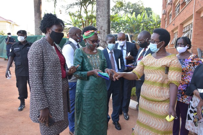 Ministers Anite, Dr Aceng and Health PM Dr Atwine at the launch of the mask distribution in Kampala