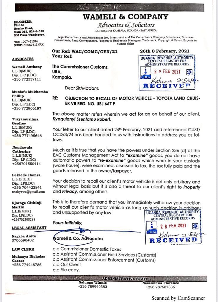 Bobi Wine's lawyers writes to URA