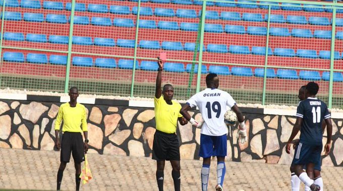 FUFA Verdict found ref Osire was poorly positioned at the time of the incident hence wrongly issuing a red card to Ochan Derrick/shirt no.19. (Courtesy Photo)