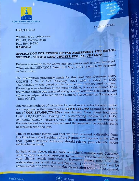 URA's letter to Bobi Wine