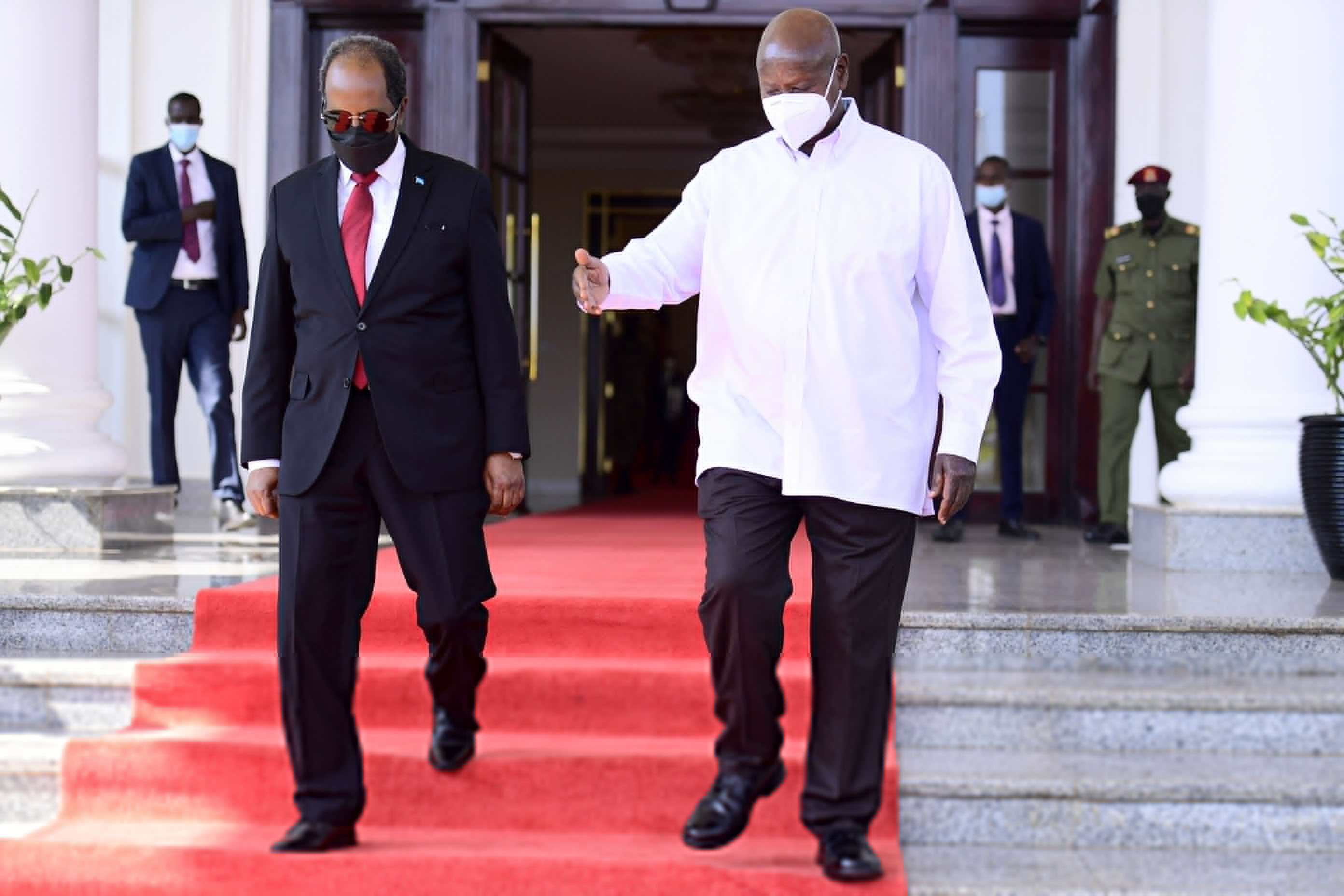 Museveni and Sheikh Mohamud last evening. The Somali President is in the country for a 3-day state visit